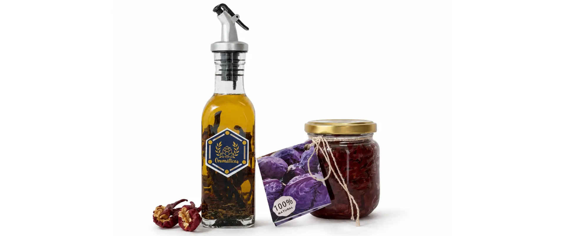 glass jars of artisanal preserves, herbal oils and sauces in a rustic pantry